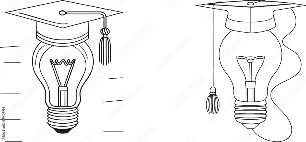 Poster Line drawing of a light bulb and graduation hat. The light bulb lamp represents education and learning in a simple linear style. The stroke can be edited. Doodle Modern illustration.