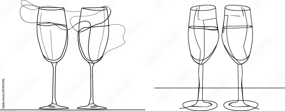 Poster champagne glasses clinking on a one-line design. creative sparkling wine glass, continuous lines mod