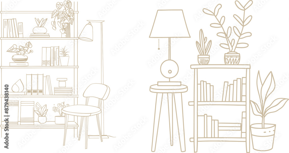 Aufkleber The drawing shows a cabinet with a floor lamp and an indoor plant in simple linear style. You can edit the stroke. Modern doodle illustration.