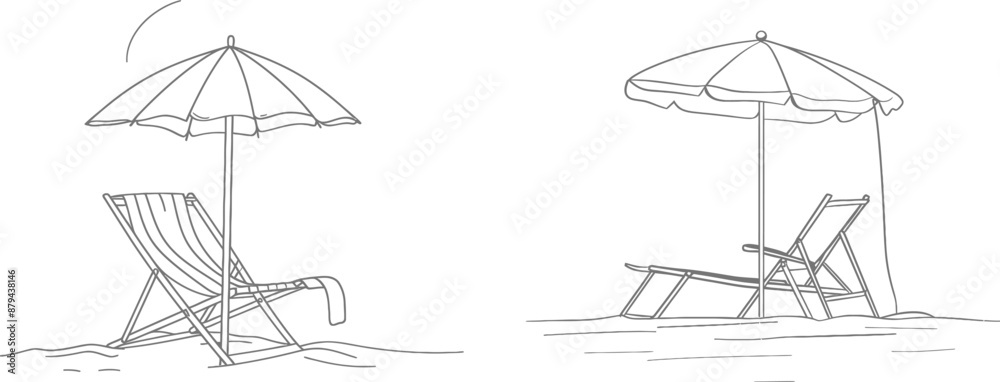 Poster This is a continuous line drawing depicting a beach umbrella and chair in a tropical paradise island and sea. The stroke can be edited. It is a doodle modern illustration in a simple linear style.