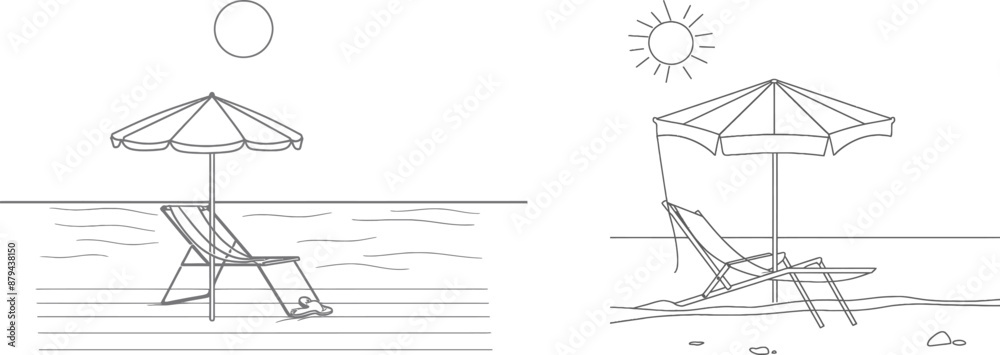 Poster An umbrella and chair on a beach in a continuous line drawing. A beach umbrella and chair in a simple linear style. Editable stroke is provided. Modern illustration of a beach umbrella and chair with