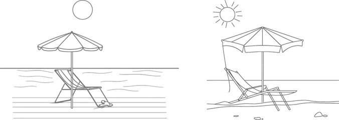 An umbrella and chair on a beach in a continuous line drawing. A beach umbrella and chair in a simple linear style. Editable stroke is provided. Modern illustration of a beach umbrella and chair with