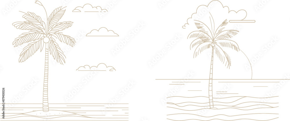 Poster in a simple linear style, this is a continuous line drawing of a beach with palm trees. abstract tro