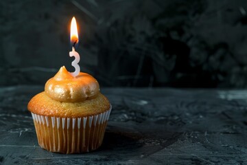 Pink Birthday Cupcake With Heart-Shaped Candle and Bokeh Background. Beautiful simple AI generated image in 4K, unique.