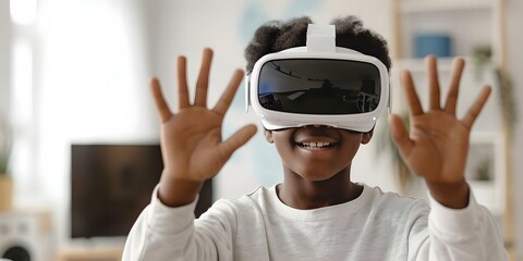 A Black teenage boy engages in virtual reality learning at home with futuristic tools. Concept Virtual Reality Learning, Teenage Boy, Futuristic Tools, Home Setting, Educational Technology