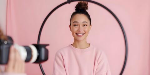 Female influencer livestreaming product sales on social media platform. Concept Influencer Marketing, Social Media Sales, Livestream Marketing, Female Influencers, Product Promotion