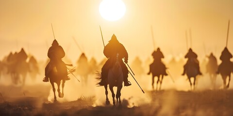 Mongol cavalry advances with spears and bows showcasing disciplined warfare tactics. Concept Mongol warriors, Cavalry warfare, Spear tactics, Bow and arrow, Disciplined advance