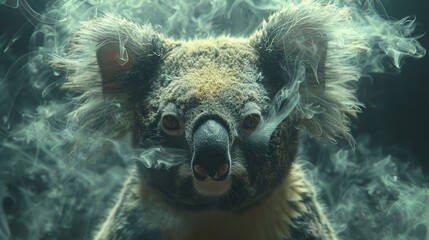   A close-up photo of a koala with smoke emanating from its mouth