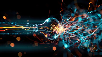 Close-up view of dynamic electricity arcs and sparks in vibrant neon blues, electric reds, and greens against a transparent background