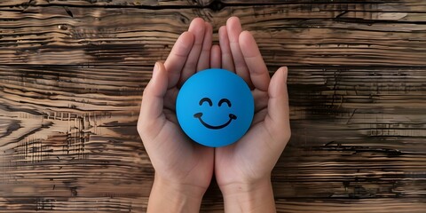 Two hands holding blue stress ball with winking smiley face over wood. Concept Mindfulness, Stress Relief, Hand Exercises, Emotional Support, Well-being