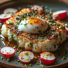 High-Quality Keto Lunch or Dinner, Cauliflower Steak with Poached Egg , Top-Down Perspective