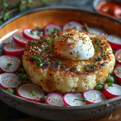 Ketogenic Cauliflower Steak with Poached Egg and Radishes - Top-Down View