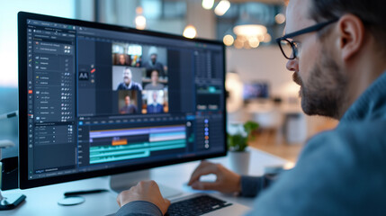 man edits video computer technology