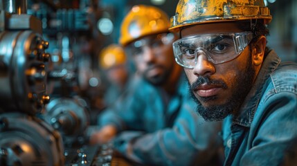 A factory worker with protective glasses closely inspects a piece of machinery, highlighting the importance of safety and precision in industrial environments.