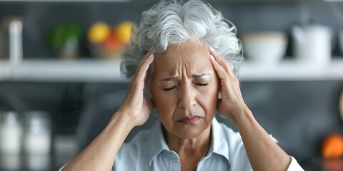 Stressed older woman with gray hair holding head in kitchen likely menopause. Concept Menopause, Stress, Aging Gracefully, Menopausal Symptoms, Senior Women