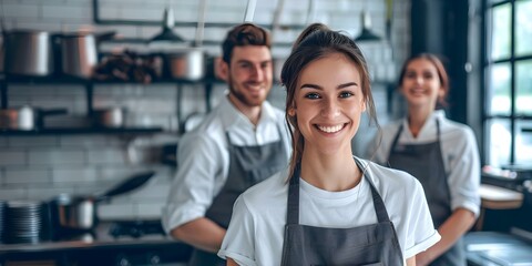 Smiling female and male professionals in uniform working as a cleaning team. Concept Professional Cleaners, Uniformed Team, Smiling Faces, Work Environment, Cleaning Professionals
