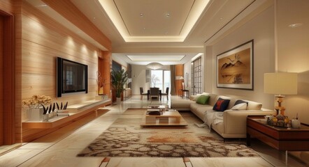 Modern Living Room: 3D Interior Design with Contemporary Architecture and Comfortable Decor