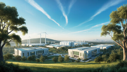 Eco factory in friendly Green Industrial complex use clean energy ด from wind turbine on green Landscape near big city, economy background concept