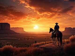 Fototapeta premium Wrangler's Rhapsody: A lone cowboy against a breathtaking Wild West sunset. generative AI