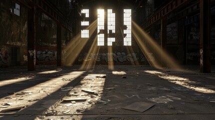 An abandoned warehouse with sunlight, debris, and urban graffiti art. The nostalgic decay of an empty warehouse with rusty windows and scattered debris.