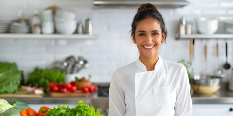 Smiling blogger in modern kitchen cooking with fresh vegetables in background. Concept Food Blogger, Cooking, Fresh Vegetables, Modern Kitchen, Smiling Portrait