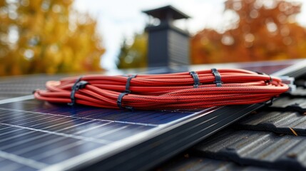An image showing solar panels installed on a roof with a neatly coiled bundle of red cables, highlighting the clean energy setup and the organized installation process.