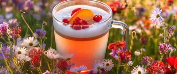 Fresh healthy cold beverage in a transparent glass with a field of flowers in the background