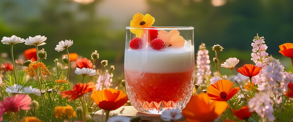 Fresh healthy cold beverage in a transparent glass with a field of flowers in the background