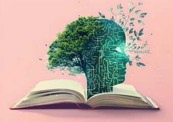 A conceptual image depicting a digital human head merging with nature, emerging from an open book, symbolizing the fusion of knowledge and technology.