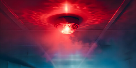 A glowing red alarm light on a ceiling with blue background, creating an emergency situation atmosphere.