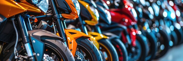 Motorbikes Sale. Many Colorful Sports Motorcycles in Showroom Close Up