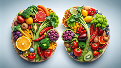 Colorful 3D illustration of kidneys composed of fruits and vegetables, emphasizing the crucial role of a balanced diet in maintaining optimal kidney function and overall well-being.