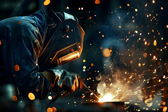 A welder in protective gear working with sparks flying in a dark workshop, showcasing industrial craftsmanship and precision.