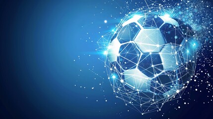 Fototapeta premium A luminous soccer ball constructed with digital lines, set against a blue background with sparkling particles, showcasing the fusion of physical and digital realms elegantly.