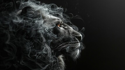   A close-up shot of a lion's face with smoke emanating from its eyes