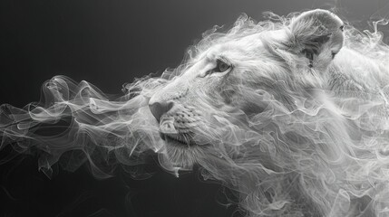  A monochrome picture of a lion's head emitting smoke from its mouth and holding a cigarette
