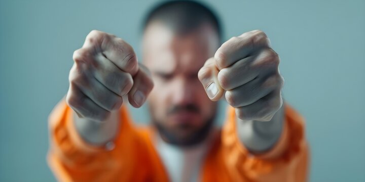 Male inmate angrily pleads for release symbolizing danger and societal threat. Concept Inmate's plea for release, Anger and frustration, Societal threat, Criminal justice, Inmate rights