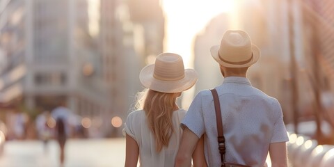 Obraz premium Young couple from the millennial generation explores a city during their vacation. Concept Millennial Travel, City Exploration, Young Couple, Urban Adventure, Vacation Moments