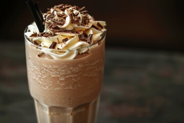 Chocolate milkshake standing on a table top, topped with whipped cream and chocolate shavings