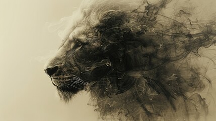   A black-and-white image of a lion's head emitting smoke from its fur