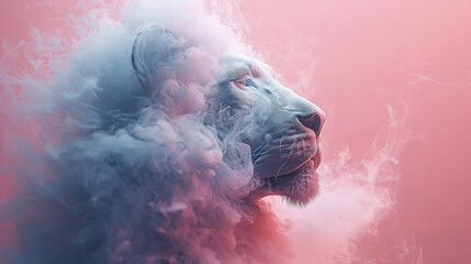   A close-up of a lion's face with smoke emerging from its mouth, set against a pink backdrop