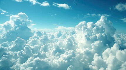 A view from inside an airplane looking out at fluffy white clouds against a blue sky