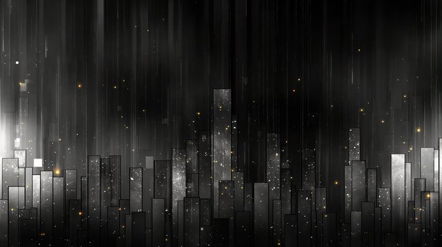 Fototapeta A black and white urban cityscape photographs at night, illuminated by city lights, with buildings, streets, and cars visible