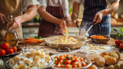 Cooking class learning to make fresh pasta in a rustic Italian kitchen