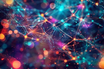 Obraz premium A visually intricate representation of an artificial neural network, with glowing nodes and connecting lines forming a web of vibrant colors like teal, magenta, and orange. 