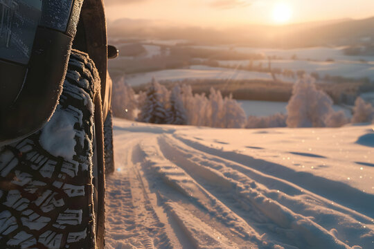 Close-up of vehicle tire tracks in snowy landscape at sunset, capturing the beauty of a winter adventure in the mountains.