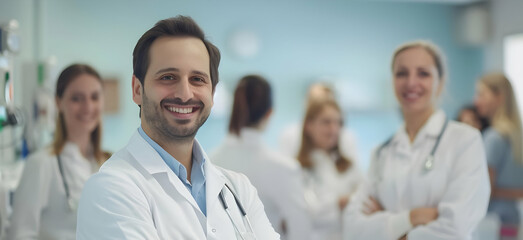 Confident medical professional in lab coat with team in background, radiating trust and expertise. Ideal for healthcare and wellness content.