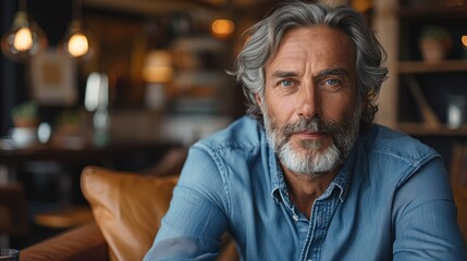 Fototapeta premium A man with gray hair and beard, dressed in a denim shirt, sitting and looking thoughtfully in a warmly-lit, cozy cafe with blurred background elements.