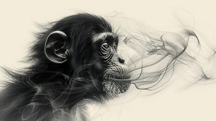 Naklejka premium A photo of a monkey with smoke from a cigarette emanating from its mouth, rendered in black and white