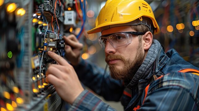 A focused electrical engineer wearing protective gear while working on a complex control panel in an industrial setting with numerous wires and components.
